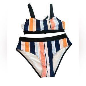 Striped Bikini Set Medium | Navy Peach Orange | Tie Back Top & Hipster Bottoms